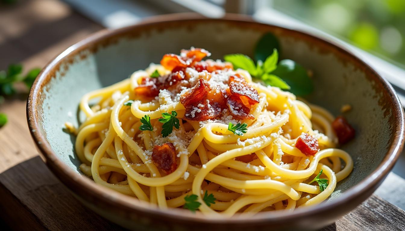 découvrez la recette simple et gourmande des spaghettis de courge à la carbonara, une alternative saine et savoureuse aux pâtes traditionnelles pour un repas léger et délicieux.
