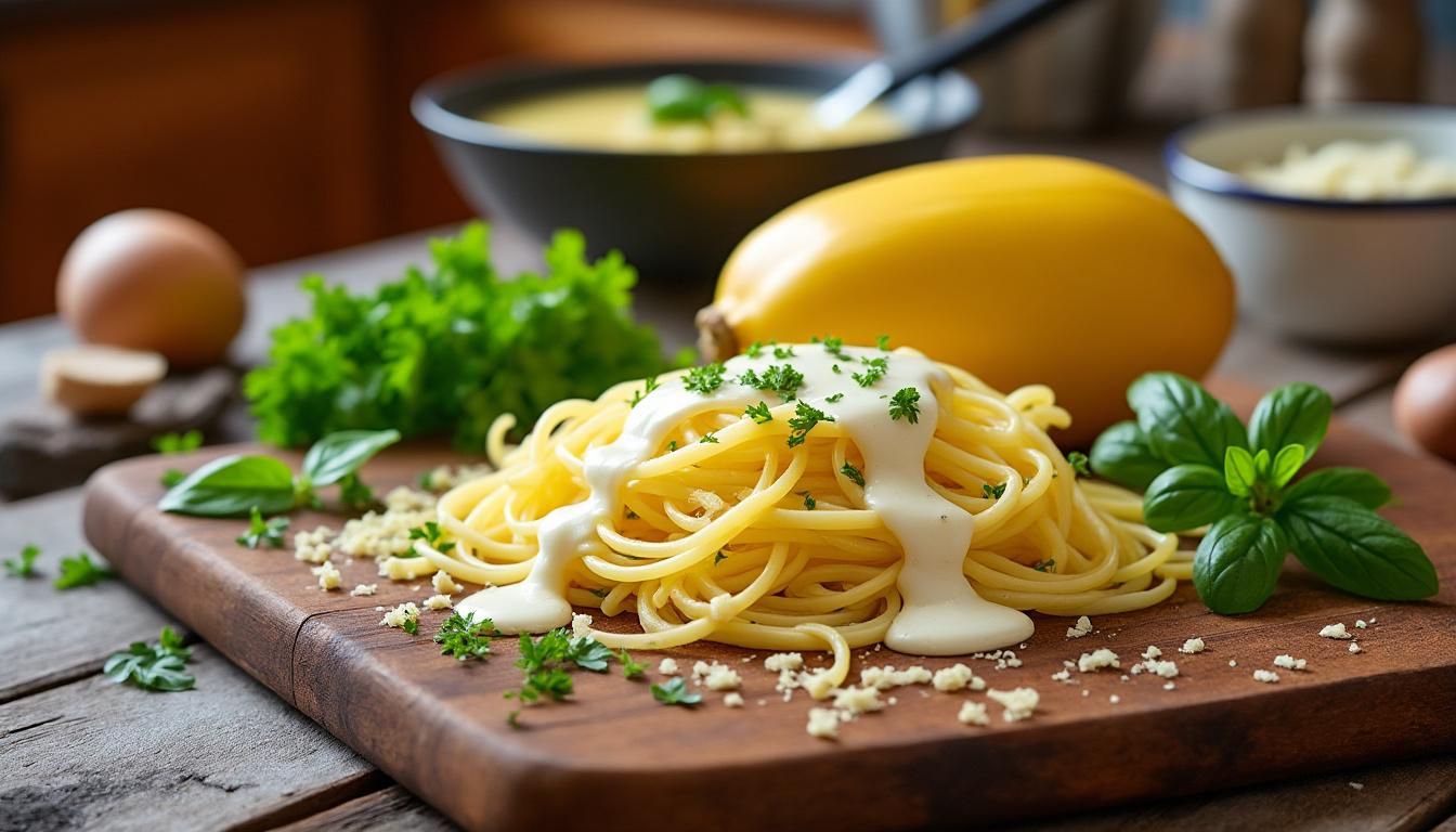découvrez notre recette simple et gourmande de spaghettis de courge à la carbonara, une alternative légère et savoureuse pour régaler vos papilles.